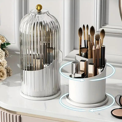 360° Rotating Makeup Organizer, Dustproof Cosmetic Storage, Multi-Use Toothbrush Holder, Countertop Organizer for Vanity, Bathroom Storage Box, Makeup Brush Holder with Cover.