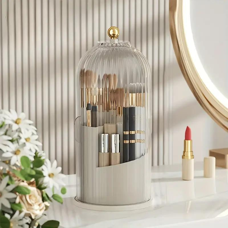 360° Rotating Makeup Organizer, Dustproof Cosmetic Storage, Multi-Use Toothbrush Holder, Countertop Organizer for Vanity, Bathroom Storage Box, Makeup Brush Holder with Cover.