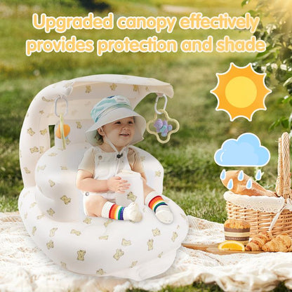 Upgraded Inflatable Baby Seat, Baby Floor Chair, Built-In Air Pump, Canopy and Toys, Comfortable Sitting, Ideal for 3 Months & Up, Portable Infant Chair.