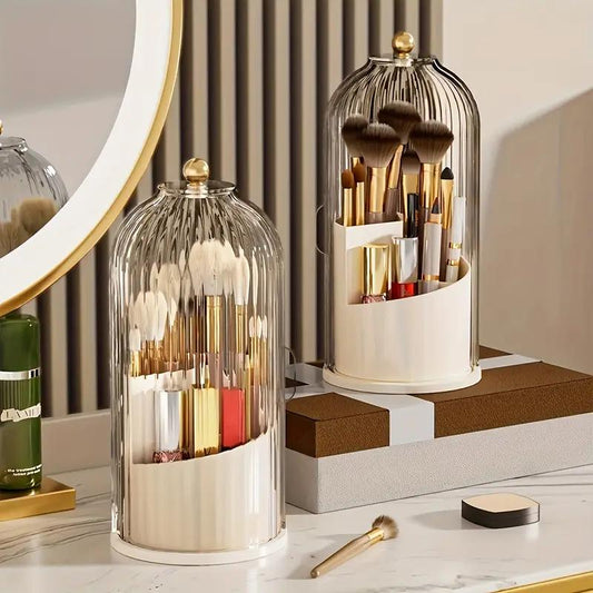 360° Rotating Makeup Organizer, Dustproof Cosmetic Storage, Multi-Use Toothbrush Holder, Countertop Organizer for Vanity, Bathroom Storage Box, Makeup Brush Holder with Cover.